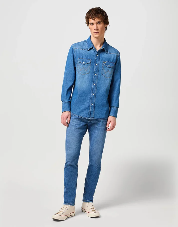 Pánská džínová košile WRANGLER dlouhý rukáv modrá