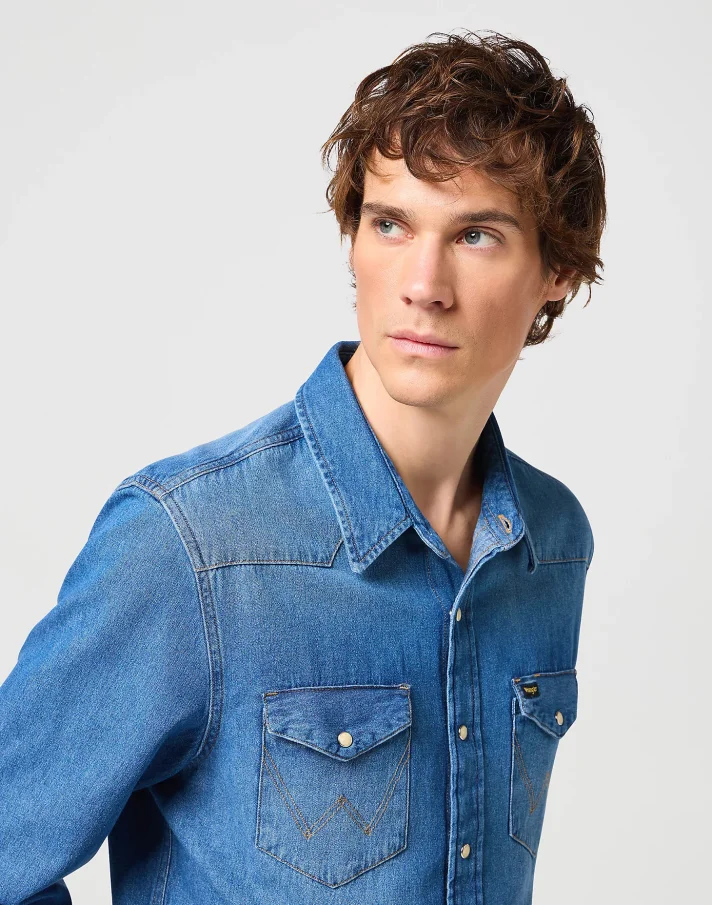 Pánská džínová košile WRANGLER dlouhý rukáv modrá
